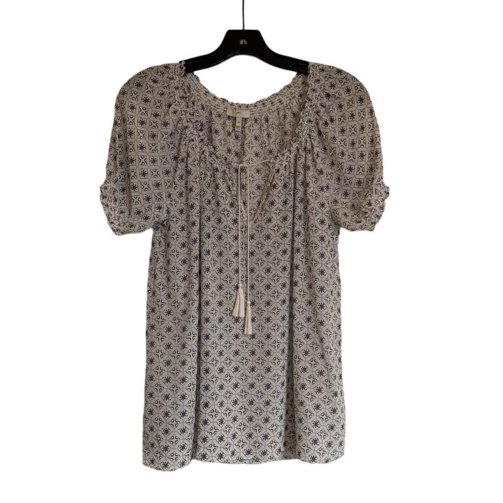 JOIE Silk Ikat Tunic Blouse with Tassels and Semi Puff Sleeves in Blue